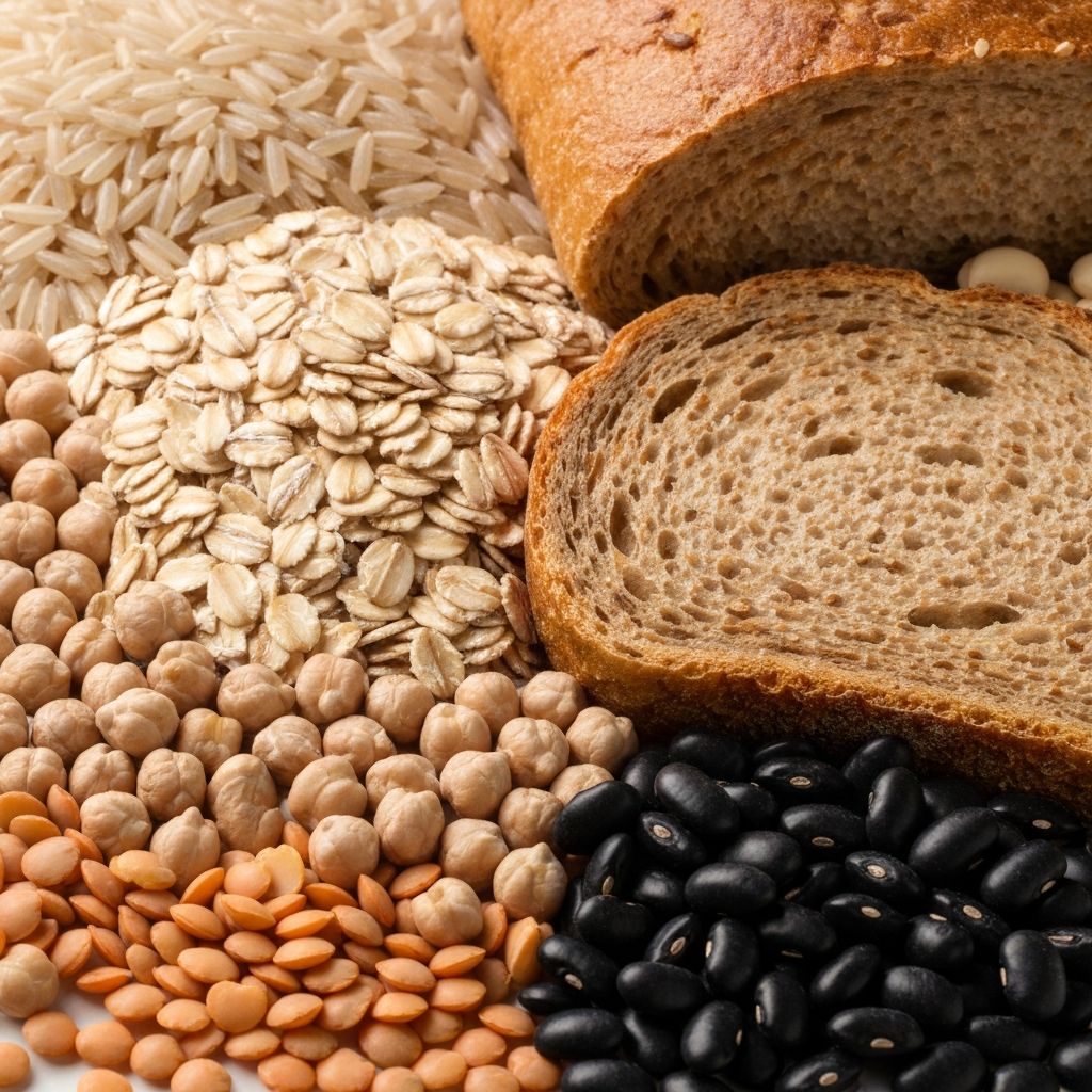 Verschiedene Kohlendratquellen wie Vollkornprodukte, Reis und Hülsenfrüchte