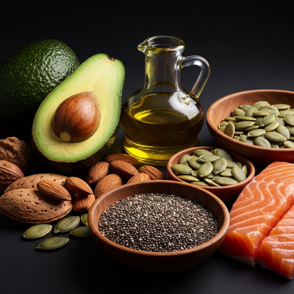 Gesunde Fettquellen wie Avocado, Olivenöl, Nüsse und Samen